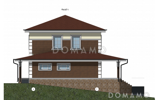 Проект загородного дома с террасой, гаражом, кабинетом, двумя детскими / Фасад 4