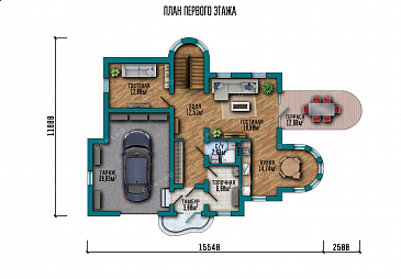 Проект дома с эркером и террасой в стиле замка / План 1 этажа