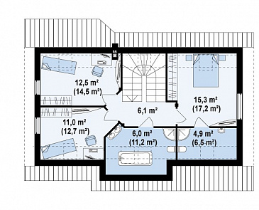 Проект традиционного мансардного дома из газобетона с дополнительной спальней на первом этаже / План мансардного этажа