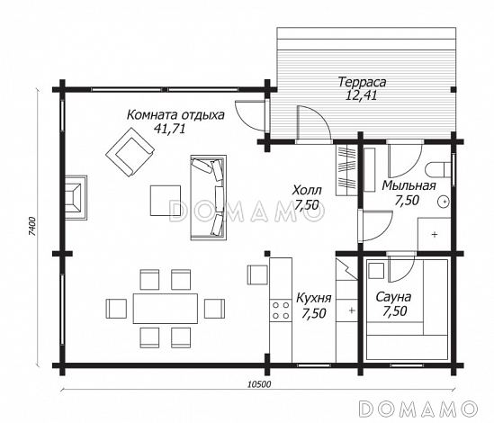 Проект бани из клееного бруса с просторной комнатой отдыха / План 1 этажа