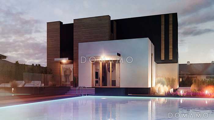 Проект двухэтажного загородного дома с плоской крышей, гаражом, террасами