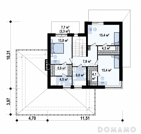 Проект двухэтажного загородного дома с подвалом, гаражом на 2 машины, кабинетом, мастер-спальней  с балконом / План 2 этажа