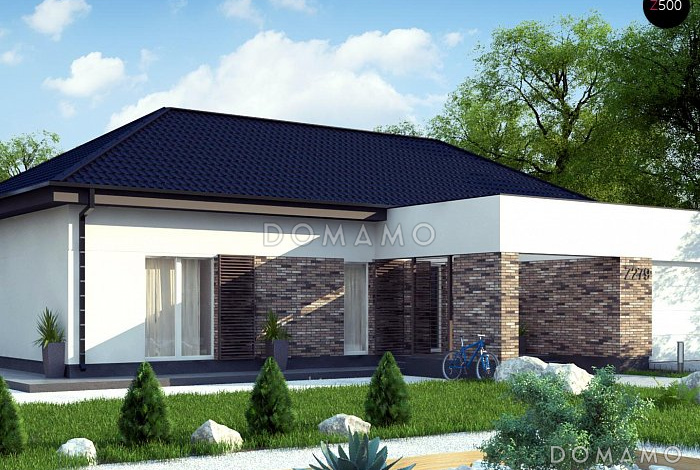 Проект одноэтажного дома из кирпича с тремя спальнями, гаражом на два автомобиля и барбекю на террасе