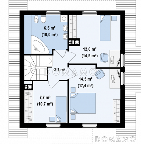 Проект одноэтажного мансардного дома из кирпича с тремя спальнями и кабинетом / План мансардного этажа