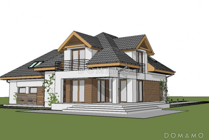 Проект одноэтажного мансардного дома из кирпича с кабинетом, гаражом на два автомобиля и комнатой над гаражом