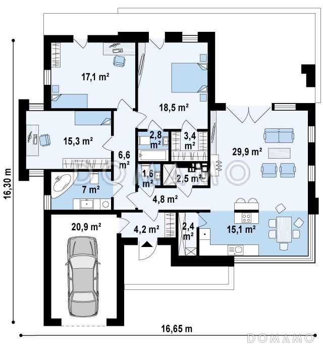 Проект современного одноэтажного дома из кирпича с плоской крышей с тремя спальнями, частично крытой террасой и одноместным гаражом / План 1 этажа