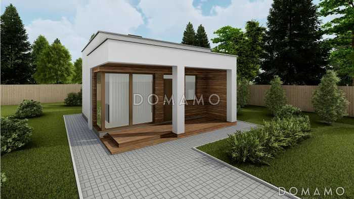 Проект бани с плоской крышей, террасой, санузлом, комнатой отдыха