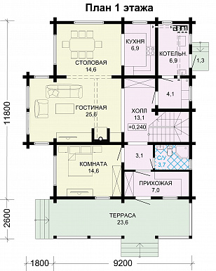Проект дома из бруса с небольшой кухней / План 1 этажа