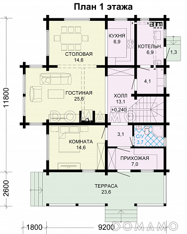 Проект дома из бруса с небольшой кухней / План 1 этажа
