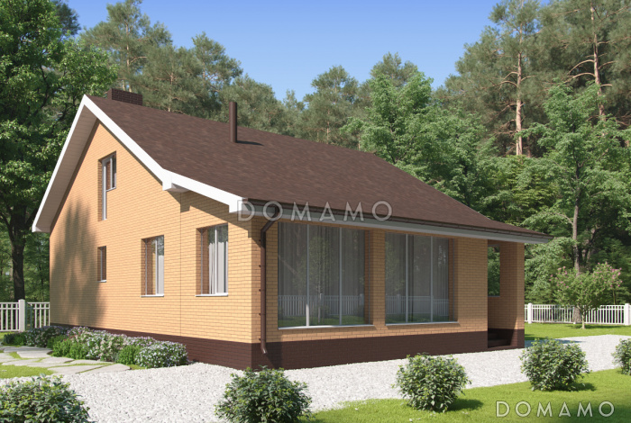 Проект загородного дома с верандой, изолированной кухней, санузлом с окном