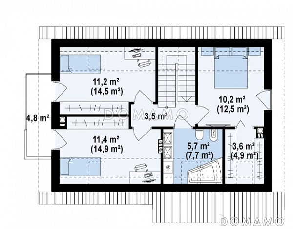 Проект одноэтажного мансардного дома из кирпича с кабинетом, тремя спальнями и хозяйской гардеробной / План мансардного этажа
