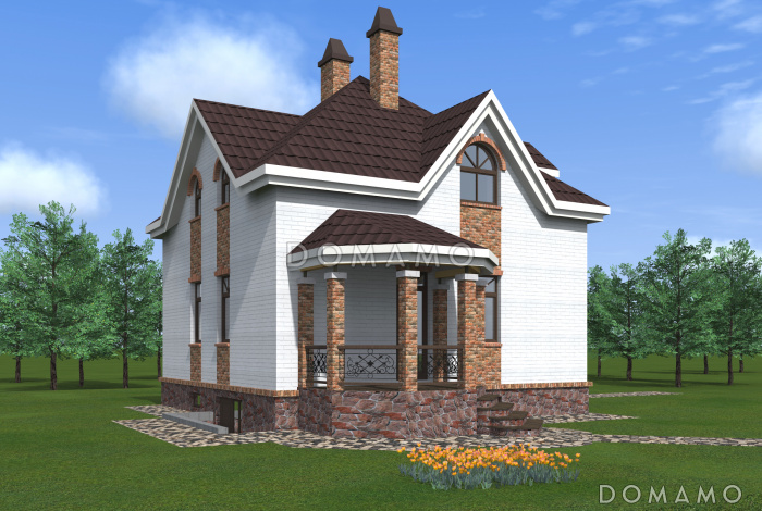 Проект квадратного  коттеджа  со входом с угла, террасой и подвалом.