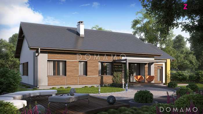 Проект одноэтажного дома из кирпича с большой гостиной, тремя спальнями и гаражом