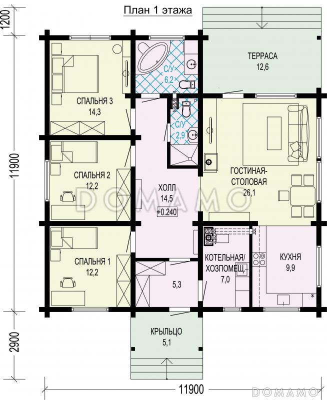 Проект деревянного дома с тремя спальнями, квадратной гостиной-столовой и крытой террасой / План 1 этажа