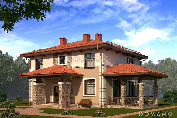 Проект небольшой виллы в средиземноморском стиле с крытой террасой и облицовкой камнем