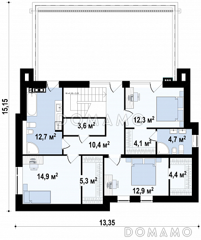 Проект современного двухэтажного дома из кирпича с плоской крышей, с четырьмя комнатами, гаражом и террасами на двух уровнях / План 2 этажа