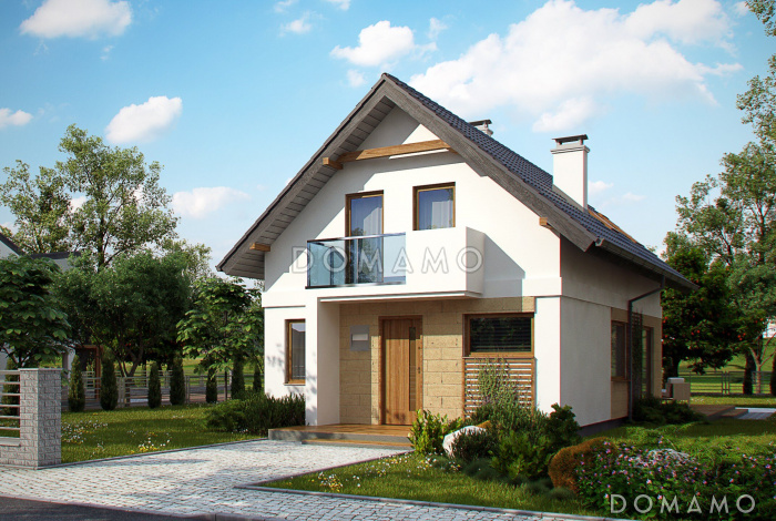 Проект компактного одноэтажного мансардного дома из кирпича с кабинетом и балконом