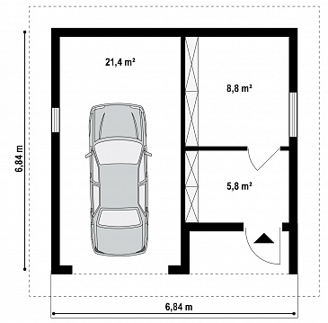 Проект одноместного гаража из кирпича с подсобными помещениями  / План 1 этажа