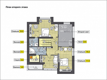 Проект дома с косой крышей, спальнями на первом этаже, верандой, террасой, сауной на мансардном этаже, вторым светом, балконом / План мансардного этажа