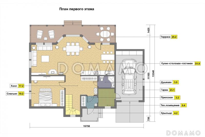 Проект кирпичного дома с эркером и гаражом для одной машины / План 1 этажа