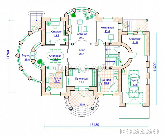 Проект коттеджа с двусветной гостиной, гаражом и террасой / План 1 этажа