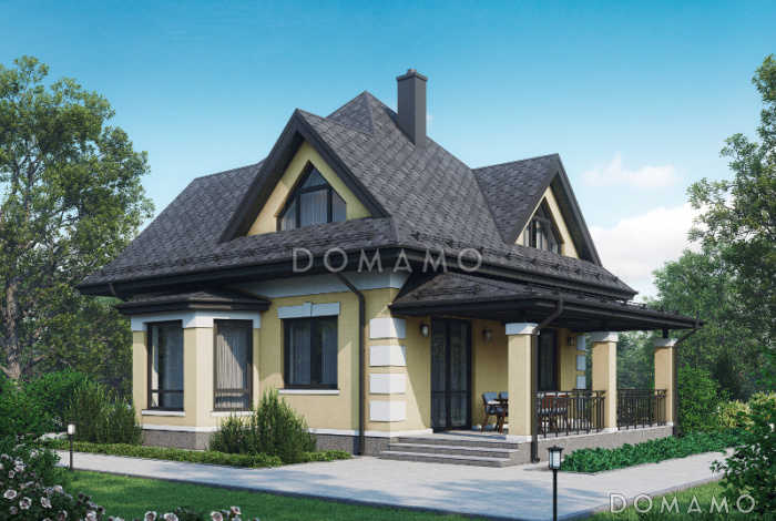 Проект одноэтажного мансардного дома из газобетона с тремя спальнями, кабинетом, эркером и крытой террасой