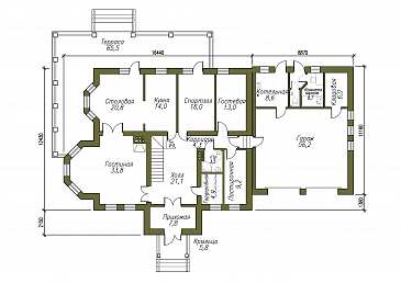 Проект солидного двухэтажного коттеджа с гаражом / План 1 этажа
