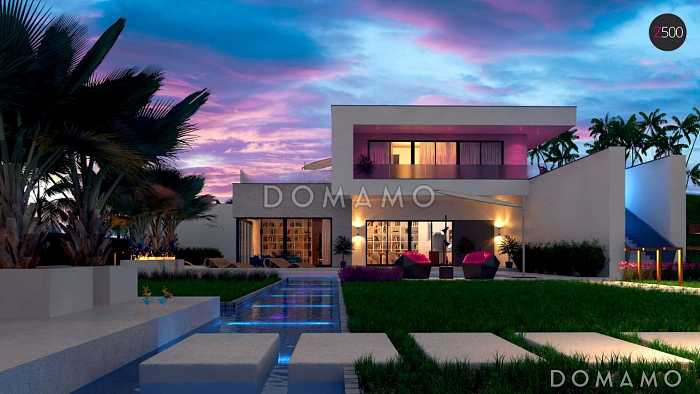 Проект современного двухэтажного дома из газобетона с плоской крышей необычного дизайна, с большими террасами на обоих уровнях, подходит для участка со склоном