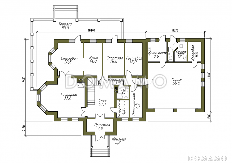 Проект солидного двухэтажного коттеджа с гаражом / План 1 этажа