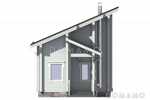 Проект узкого дома с косой крышей, кухней-гостиной, парной, спальней, балконом и вторым светом / Фасад 2