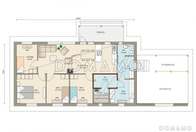 Проект каркасного дома с односкатной крышей, навесом для машины / План 1 этажа