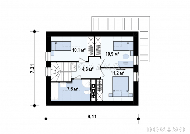 Проект компактного одноэтажного мансардного дома из кирпича с кабинетом на первом этаже и тремя спальнями на мансарде / План мансардного этажа