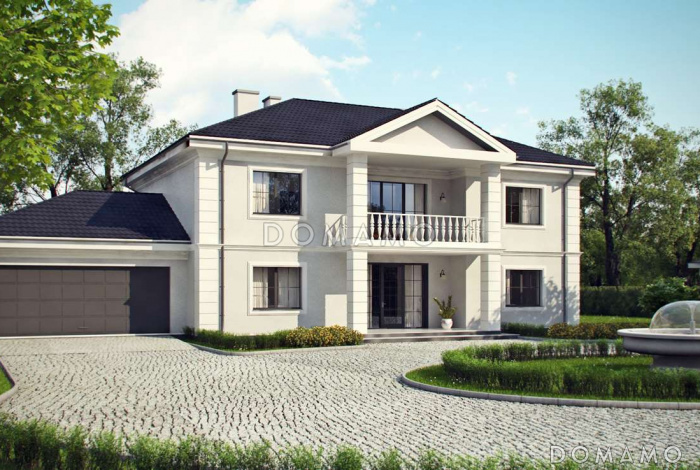 Проект большого двухэтажного дома из газобетона с четырьмя спальнями, гаражом, сауной и просторной дневной зоной