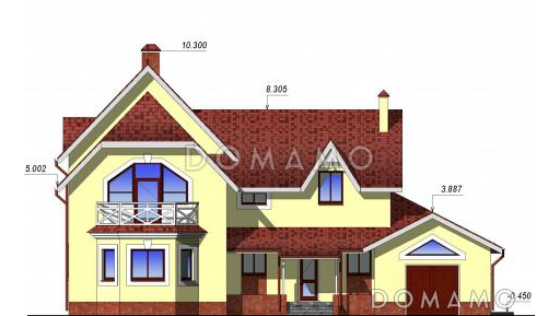 Проект дома с мансардным этажом, пристроенным гаражом и двумя балконами / Фасад 4