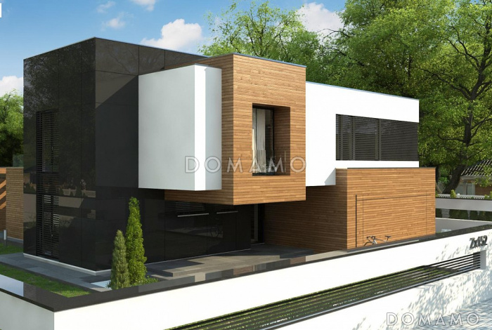 Проект просторного современного двухэтажного дома из кирпича с плоской крышей,  с пятью комнатами, гаражом и террасой на втором этаже