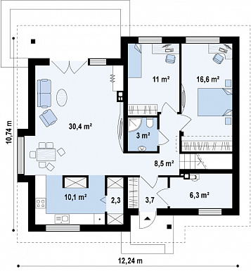 Проект мансардного дома из кирпича с двумя спальнями на первом этаже и двумя на мансарде / План 1 этажа