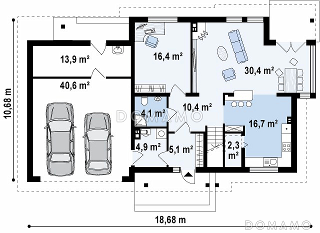 Проект двухэтажного дома из газобетона с эркером и балконом над ним, с тремя спальнями, кабинетом и двухместным гаражом / План 1 этажа