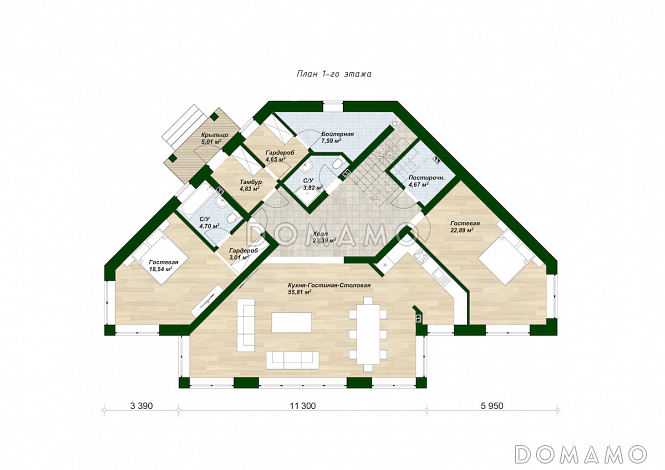 Проект дома сложной формы с 5 спальнями, кабинетом и большим холлом со вторым светом / План 1 этажа
