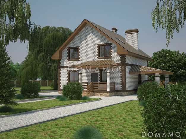 Проект компактного коттеджа с мансардным этажом и навесом под автомобиль, с наличием сауны