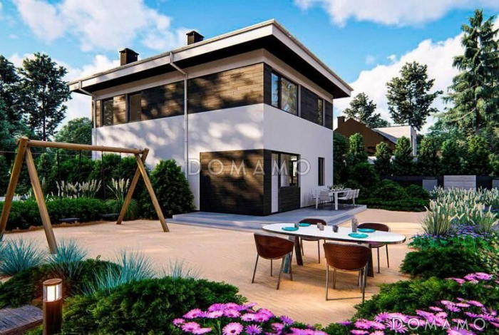 Проект загородного дома с камином в гостиной, вытянутой кухонной зоной с окнами, санузлом с душевой на первом этаже