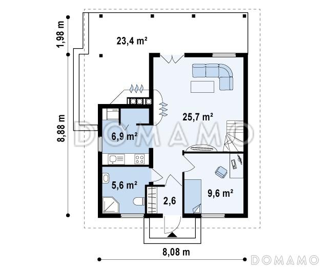 Проект компактного одноэтажного мансардного дома из кирпича с барбекю на крытой террасе / План 1 этажа