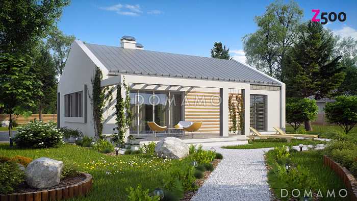 Проект одноэтажного дома из газобетона с современными элементами дизайна, с двумя спальнями и просторной дневной зоной