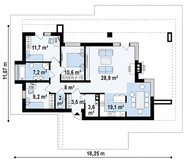 Проект одноэтажного дома из газобетона с плоской крышей, большой площадью остекления и крытой террасой / План 1 этажа