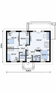 Проект простого одноэтажного дома из газобетона с тремя спальнями и просторной гостиной / План 1 этажа