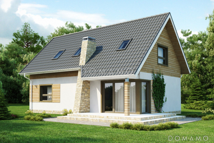 Проект загородного дома с камином в гостиной, террасой, кладовой под лестницей, мансардо