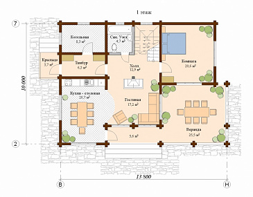 Проект деревянного дома с камином / План 1 этажа