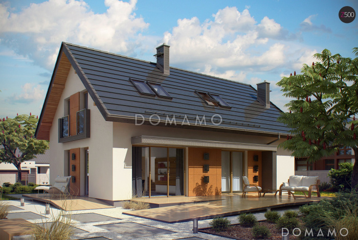 Проект одноэтажного мансардного дома из газобетона с кабинетом, гаражом и четырьмя спальнями 