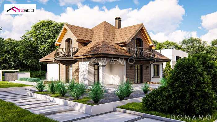 Проект мансардного дома из кирпича с тремя спальнями, кабинетом и красивыми балкончиками