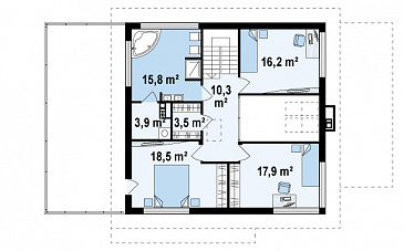 Проект простого комфортного двухэтажного дома из кирпича с тремя спальнями, вторым светом, большим гаражом и террасой над ним / План 2 этажа