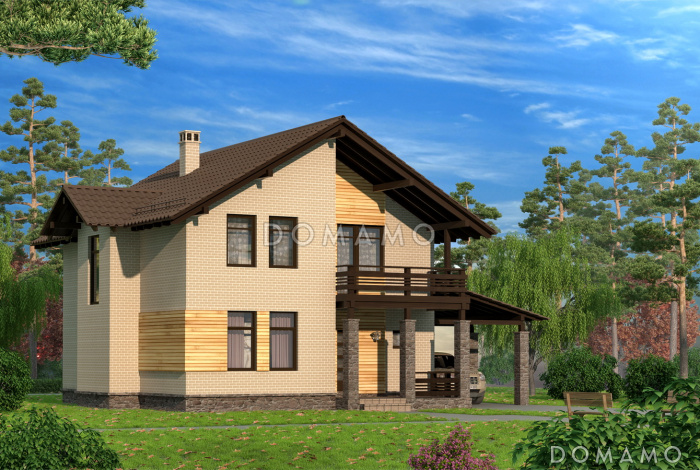 Проект двухэтажного коттеджа с облицовкой клинкером и с навесом для автомашины